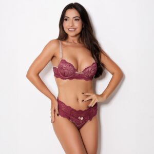 Conjunto Lingerie Sexy Renda Sutiã Bojo Pingente e Calcinha