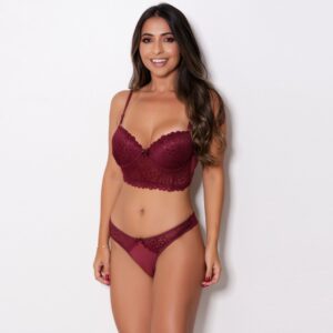 Conjunto Lingerie Cropped Renda com Bojo Calcinha Fio Duplo