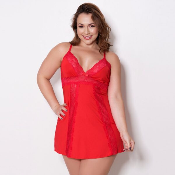 Camisola Plus Size Sexy Renda Decote V Laço e Alça Regulável - Imagem 6