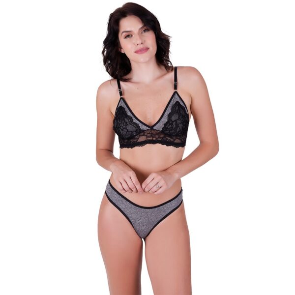 Conjunto Lingerie Mescla com Renda Sobreposta e Fio Dental - Imagem 4