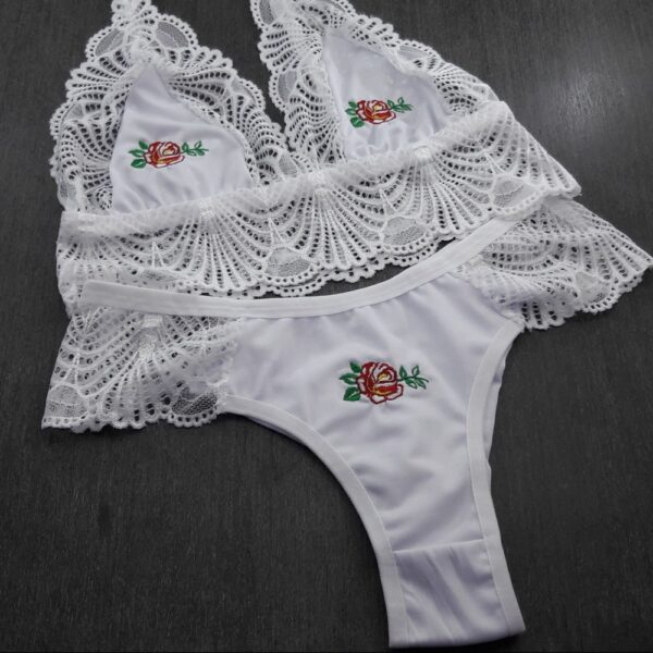 Conjunto Lingerie Microfibra Renda com Bordado Calcinha Fio - Imagem 3