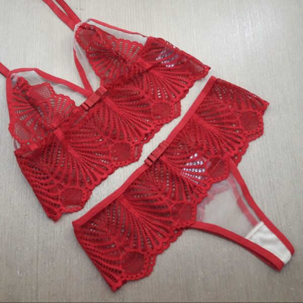 Conjunto Lingerie Renda e Tule Tanga Fio Dental Transparente - Imagem 4