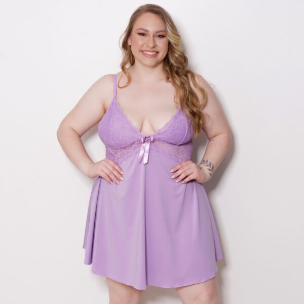 Camisola Plus Size Renda Sexy Microfibra com Laço e Joia