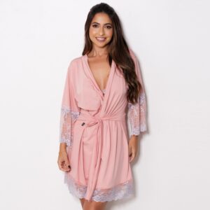 Robe Microfibra com Renda Bicolor e Amarração Mangas 3/4