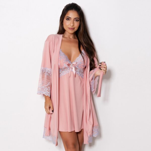 Robe Microfibra com Renda Bicolor e Amarração Mangas 3/4 - Imagem 3