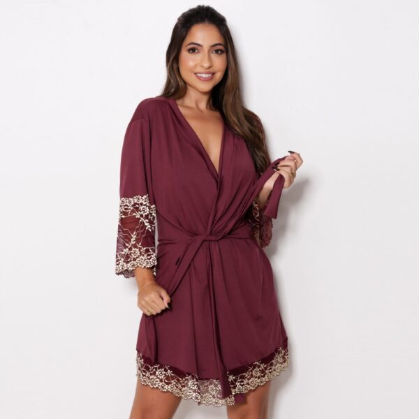 Robe Microfibra com Renda Bicolor e Amarração Mangas 3/4 - Imagem 4