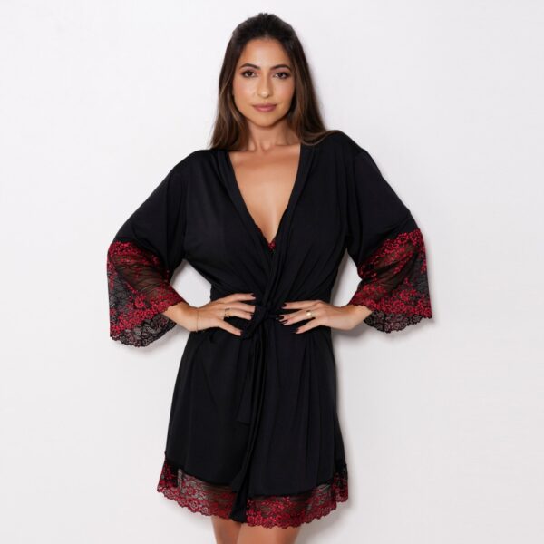 Robe Microfibra com Renda Bicolor e Amarração Mangas 3/4 - Imagem 8