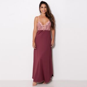 Camisola Longa Sensual em Microfibra e Renda com Laço