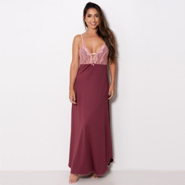 Camisola Longa Sensual em Microfibra e Renda com Laço