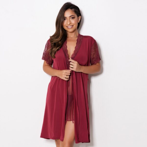 Robe De Liganete Com Renda E Amarração Com Faixa Na Cintura - Imagem 3
