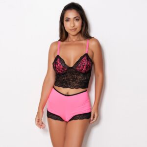 Baby Doll Poliéster e Elastano Neon Cropped e Short Renda