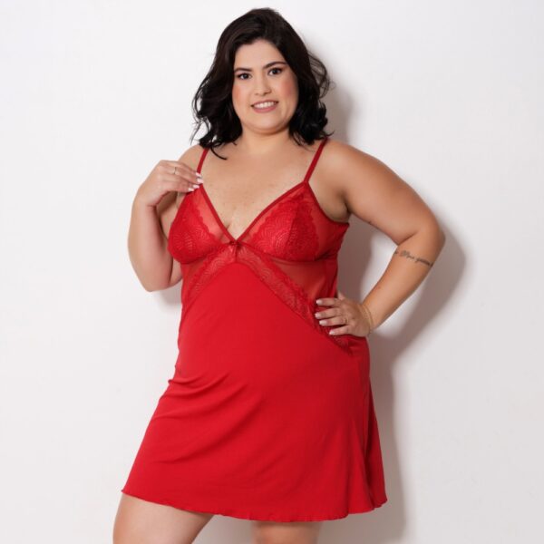 Camisola Plus Size Renda e Tule Sexy Alça Regulável Decote V