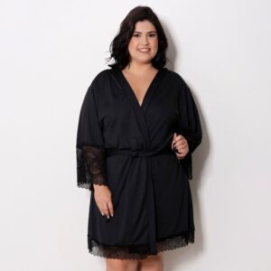Robe Plus Size Microfibra e Renda com Manga 3/4 e Amarração