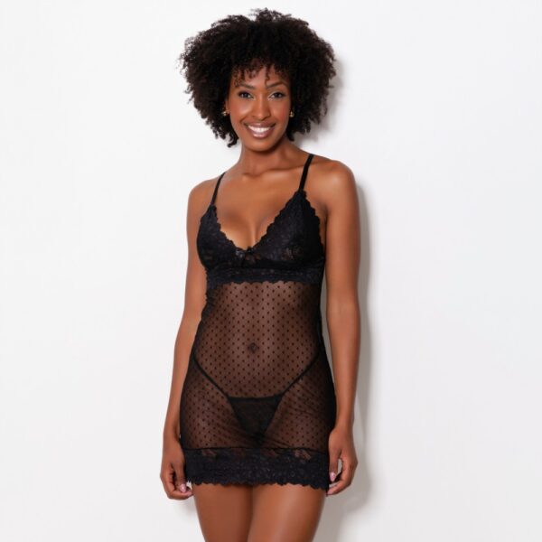 Camisola Tule Transparente Renda Decote Profundo e Calcinha